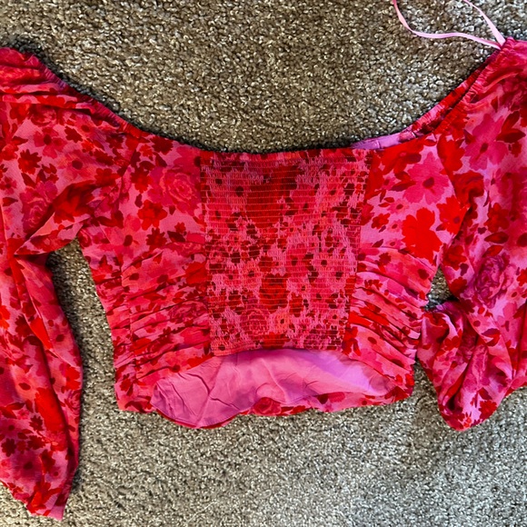 Free People FP pink red floral off shoulder rosette top - Picture 3 of 4